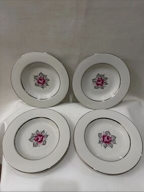 Royal Jackson Carmen Red Rose 8 In White Bowls Platinum Silver Rim Set of 4